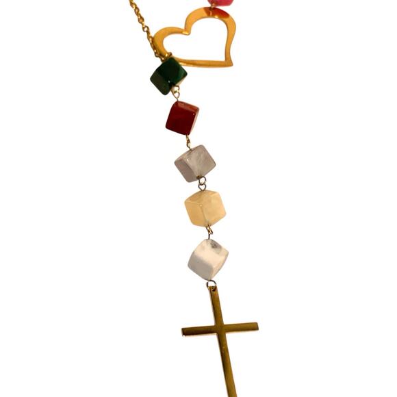 Asymmetric Heart & Cross Cubist Necklace Gold Tone Modern Christian Faith Y Drop - Picture 4 of 8
